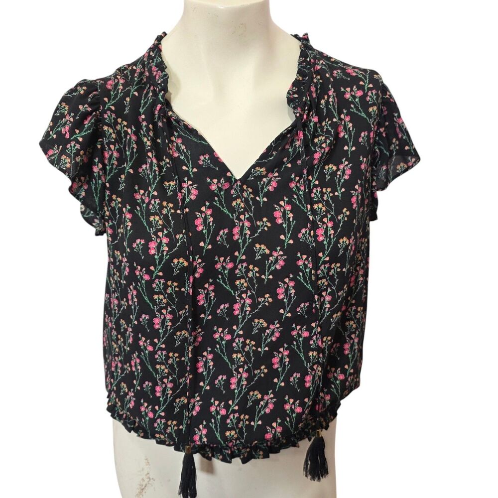 Rose + Olive Floral Peasant Blouse‎ Black Boho Tassel Top Size Small Flutter